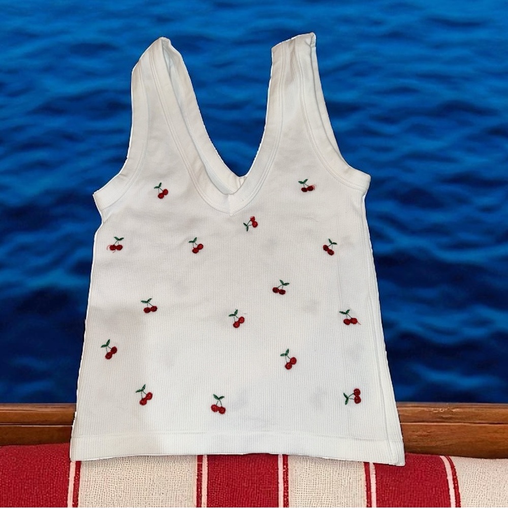 White Tank Top with Cherry Embroidery Juniors (M)